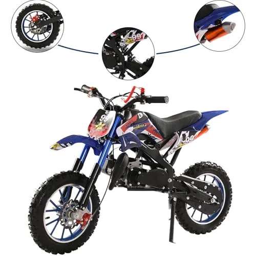 49cc Kids Dirt Bike Mini Motorcycle, Gas-Powered 2-Stroke Off-Road Pocket Bike, Blue